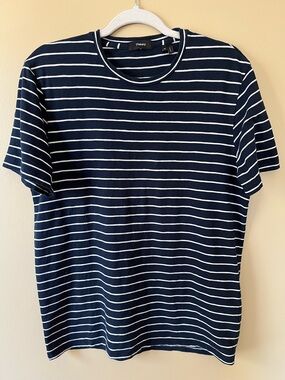 Theory Navy and White Striped Short Sleeve Relaxed Tee